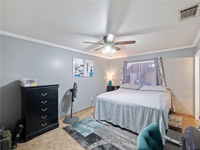 bedroom featuring ceiling fan, ornamental molding, and a textured ceiling