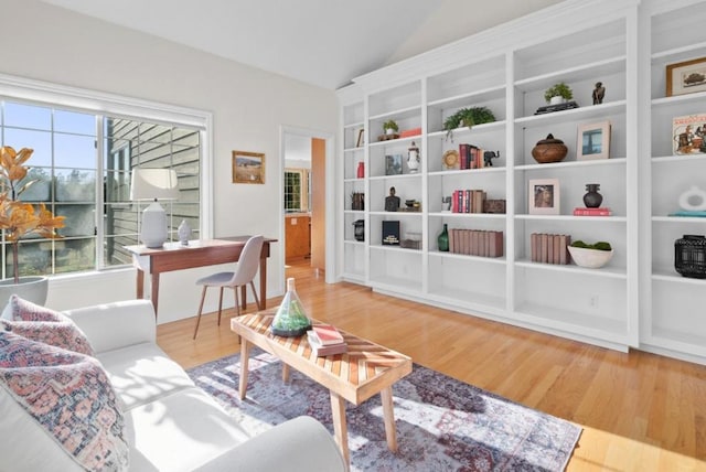 living area featuring hardwood / wood-style flooring and lofted ceiling