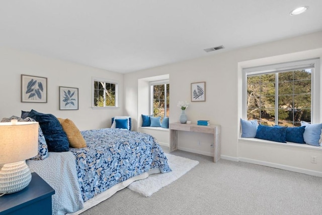 bedroom with multiple windows and carpet floors