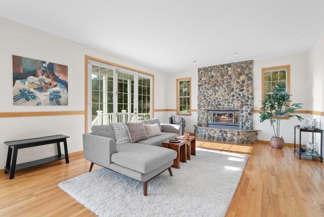 living room featuring plenty of natural light, a fireplace, and light wood-type flooring