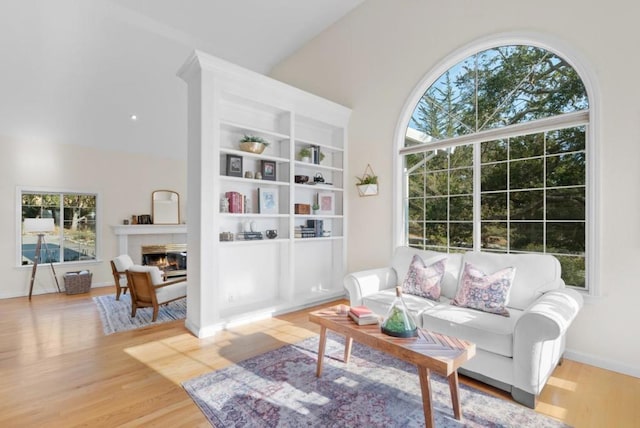 living area featuring a tiled fireplace, a towering ceiling, and wood-type flooring