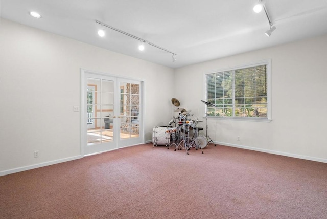 miscellaneous room with carpet floors, track lighting, and french doors