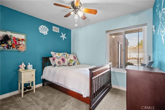 bedroom featuring ceiling fan and carpet floors