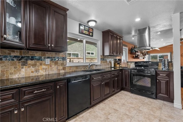 kitchen featuring black appliances, island exhaust hood, sink, and a wealth of natural light