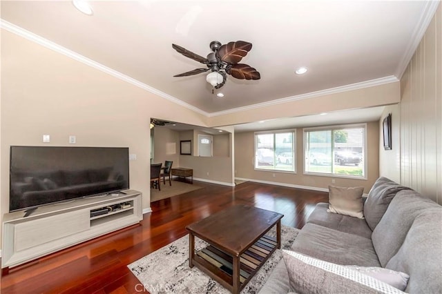 living room with ceiling fan, dark wood-type flooring, and ornamental molding