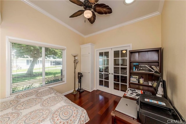 bedroom with ceiling fan, vaulted ceiling, dark wood-type flooring, ornamental molding, and french doors