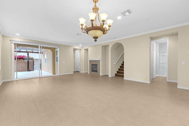 unfurnished living room featuring a notable chandelier and crown molding