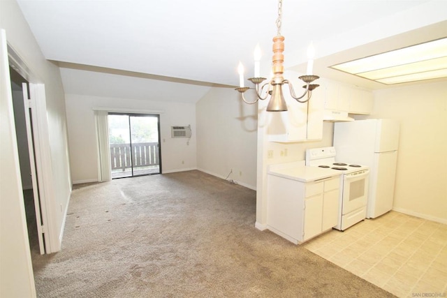 kitchen with lofted ceiling, light carpet, white cabinets, ventilation hood, and white electric range