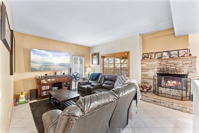 tiled living room with a fireplace