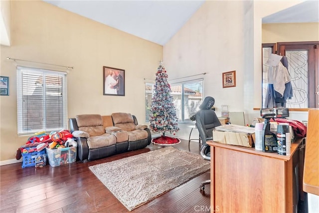 office area with high vaulted ceiling, dark hardwood / wood-style flooring, and a wealth of natural light