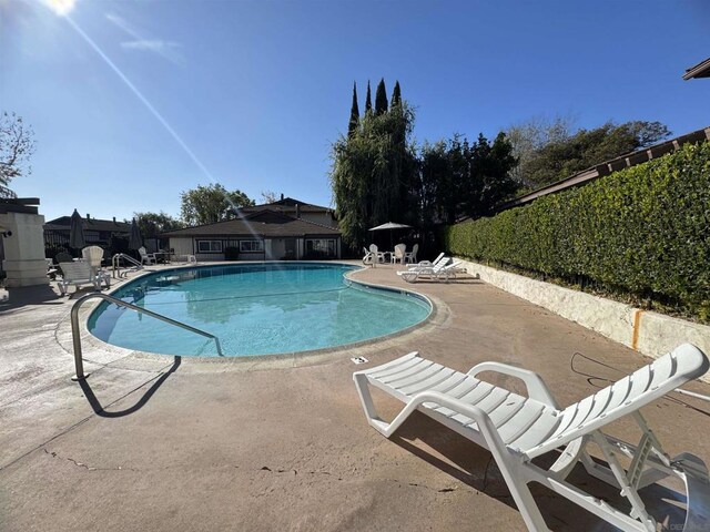 view of swimming pool featuring a patio area