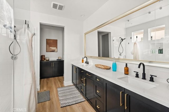 bathroom with vanity, wood-type flooring, and a shower with shower curtain