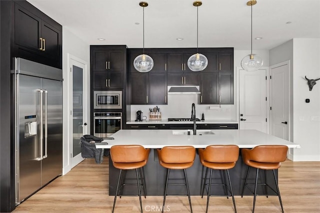 kitchen with hanging light fixtures, built in appliances, light hardwood / wood-style floors, and a center island with sink