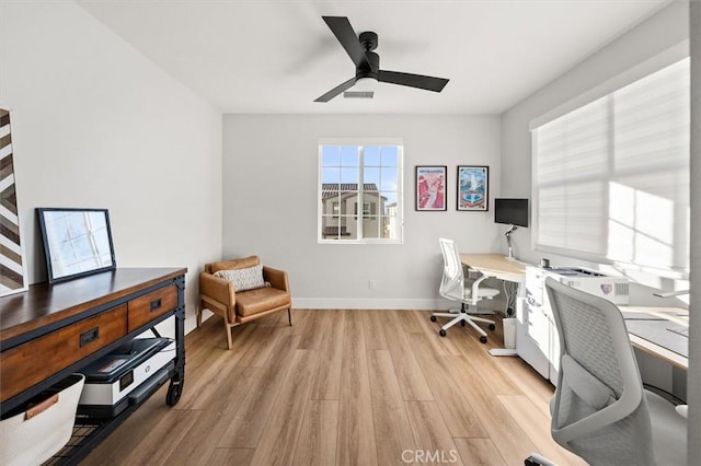 office with ceiling fan, a healthy amount of sunlight, and light hardwood / wood-style flooring