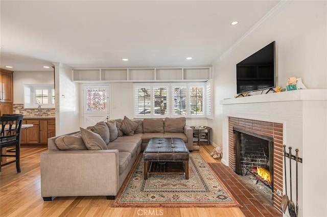 living room featuring a fireplace, light wood-type flooring, ornamental molding, and sink