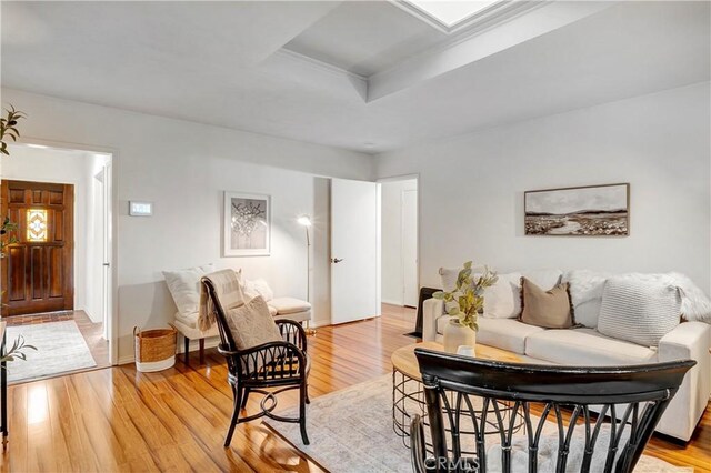 living room with a tray ceiling and light wood-type flooring