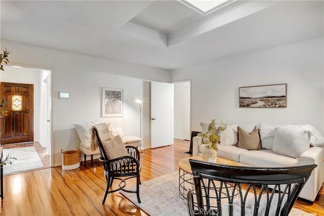 living room featuring light hardwood / wood-style floors and a tray ceiling