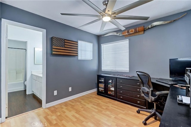 office space with ceiling fan and light hardwood / wood-style flooring