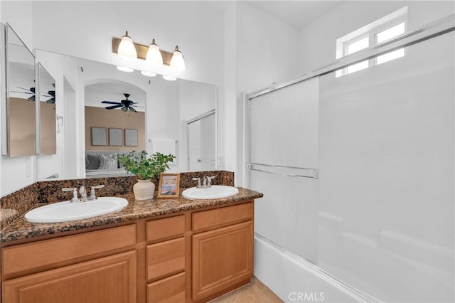 13637 Foster Ave Unit 5, Baldwin Park, CA 91706 - ensuite bathroom with a ceiling fan, double vanity, and combined bath / shower with glass door