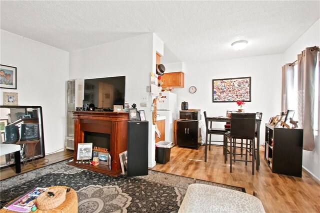 living room featuring a textured ceiling and light wood-type flooring