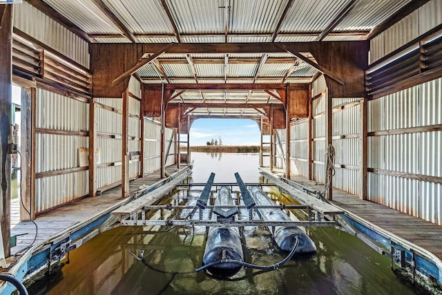 garage featuring a water view