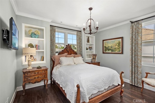 bedroom with dark wood-type flooring, crown molding, and an inviting chandelier