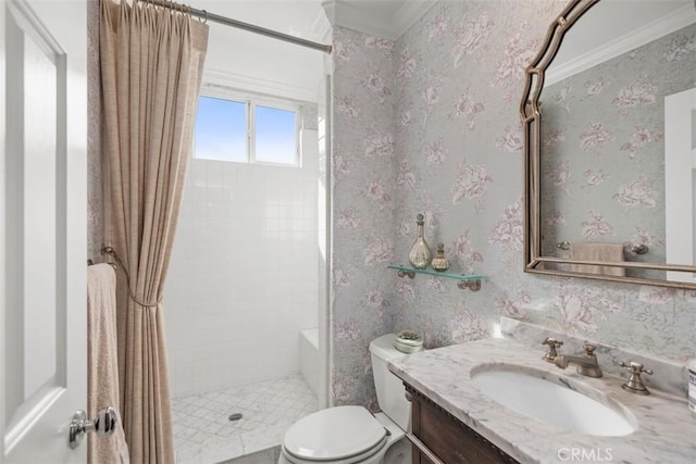 bathroom with toilet, vanity, ornamental molding, and curtained shower