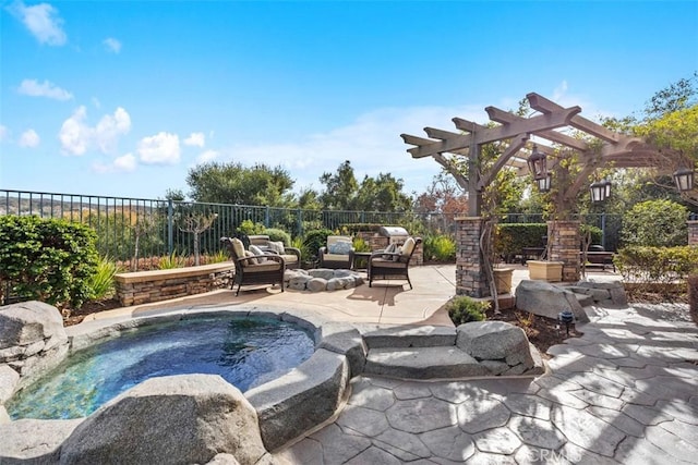 view of swimming pool with a patio area, a hot tub, and a pergola