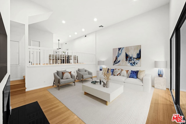 living room with a high ceiling and wood-type flooring