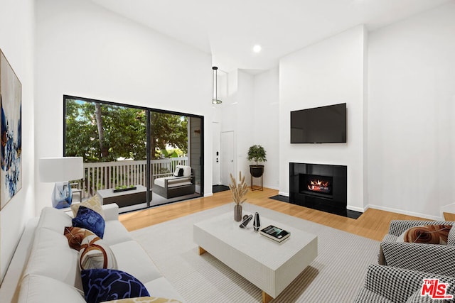 living room with a towering ceiling and hardwood / wood-style floors