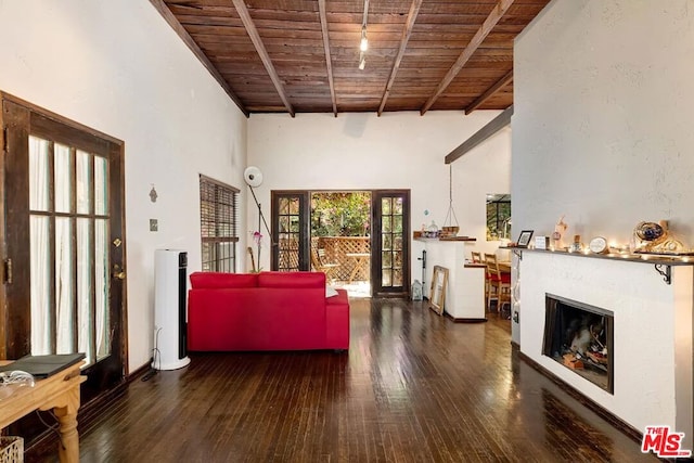 living room with high vaulted ceiling, wood ceiling, dark hardwood / wood-style floors, and beamed ceiling