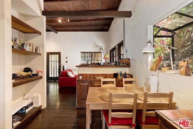 dining area with dark wood-type flooring, wood ceiling, and beamed ceiling