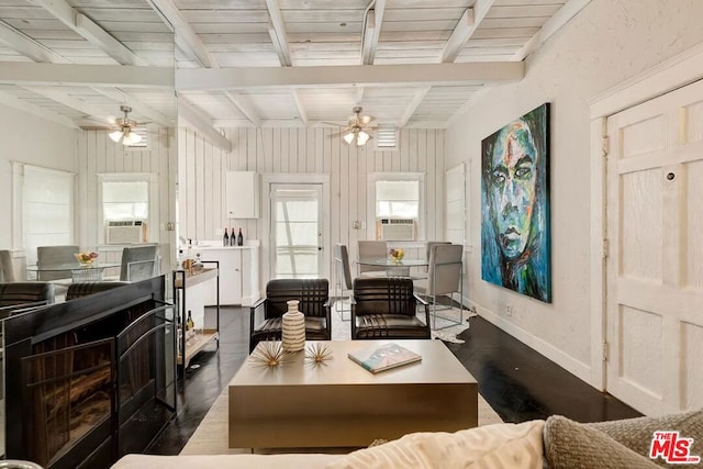 living room with wooden ceiling, cooling unit, dark hardwood / wood-style flooring, and beam ceiling