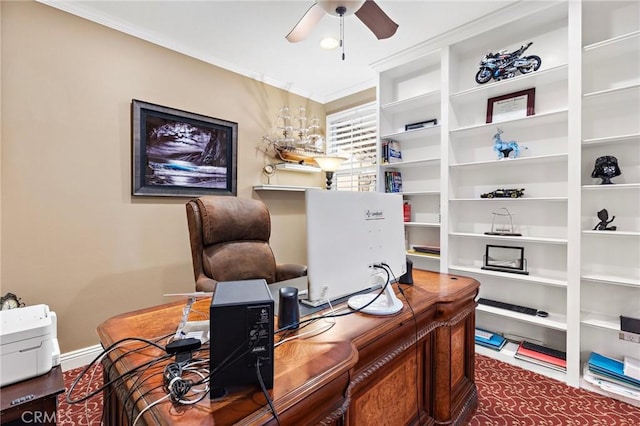 office space with ornamental molding and ceiling fan