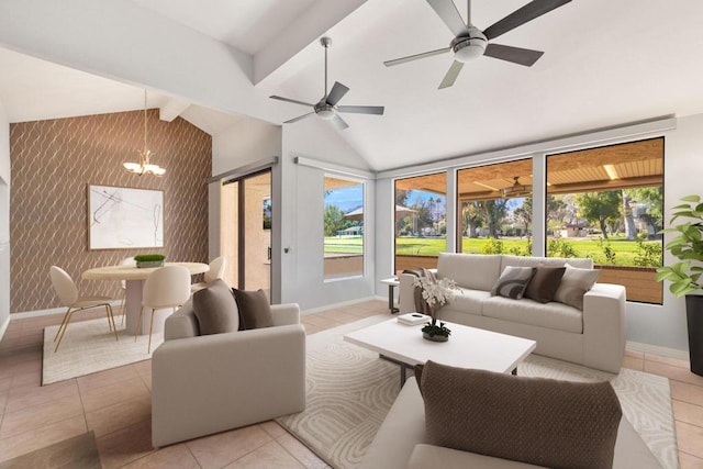 living room featuring light tile patterned floors, a wealth of natural light, ceiling fan with notable chandelier, and lofted ceiling with beams