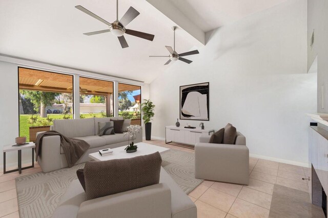 living room with ceiling fan, lofted ceiling with beams, and light tile patterned flooring