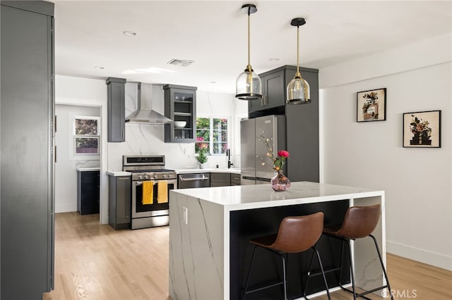 kitchen with gray cabinets, appliances with stainless steel finishes, backsplash, hanging light fixtures, and wall chimney range hood