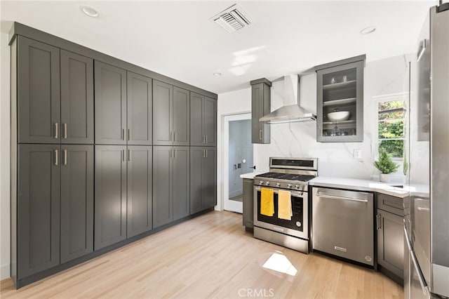 kitchen featuring light wood-type flooring, appliances with stainless steel finishes, backsplash, and wall chimney range hood