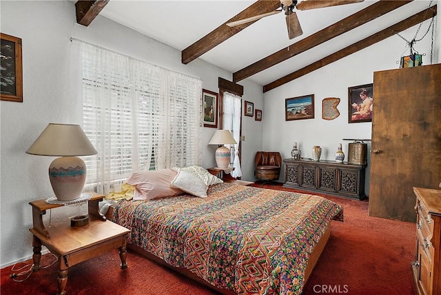 carpeted bedroom with ceiling fan and lofted ceiling with beams