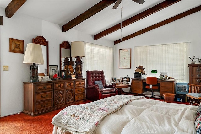 bedroom featuring ceiling fan, vaulted ceiling, and dark colored carpet