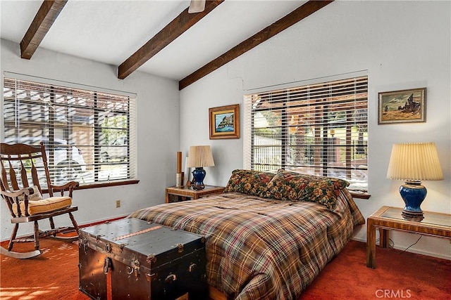 carpeted bedroom with lofted ceiling with beams