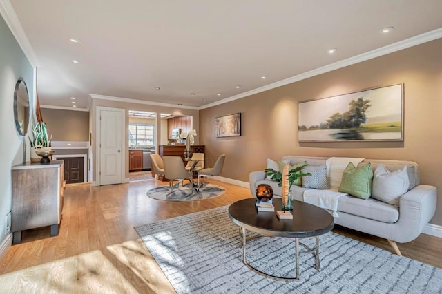 living room with crown molding and light hardwood / wood-style flooring