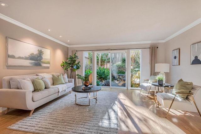 living room with light hardwood / wood-style flooring and ornamental molding