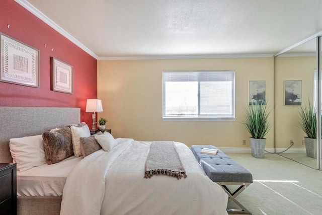 carpeted bedroom with ornamental molding