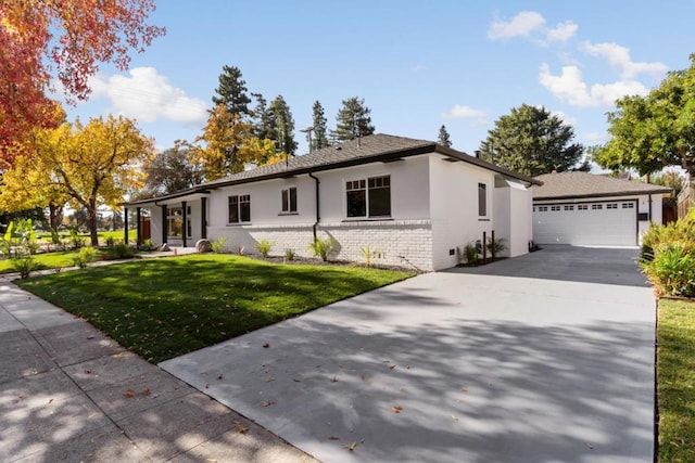 single story home featuring a front lawn and a garage