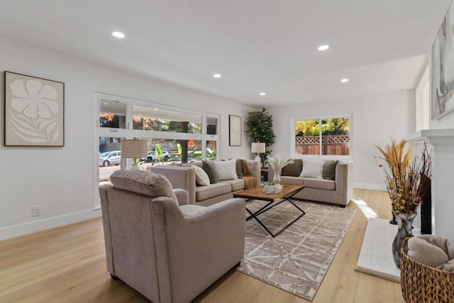 living room with light hardwood / wood-style flooring