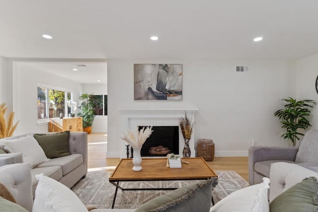 living room featuring hardwood / wood-style flooring and a fireplace