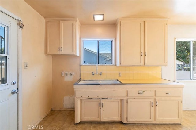 kitchen with white cabinetry, tasteful backsplash, and sink