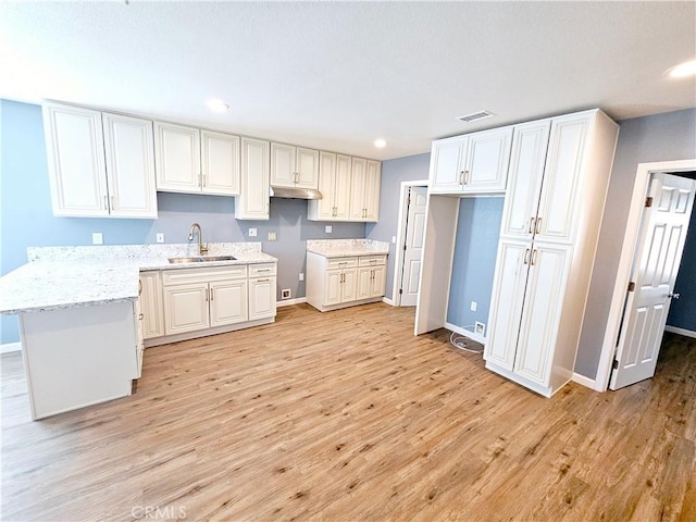 kitchen featuring light wood-type flooring, kitchen peninsula, white cabinets, and sink