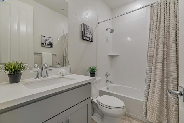 full bathroom with toilet, vanity, shower / tub combo, and tile patterned flooring